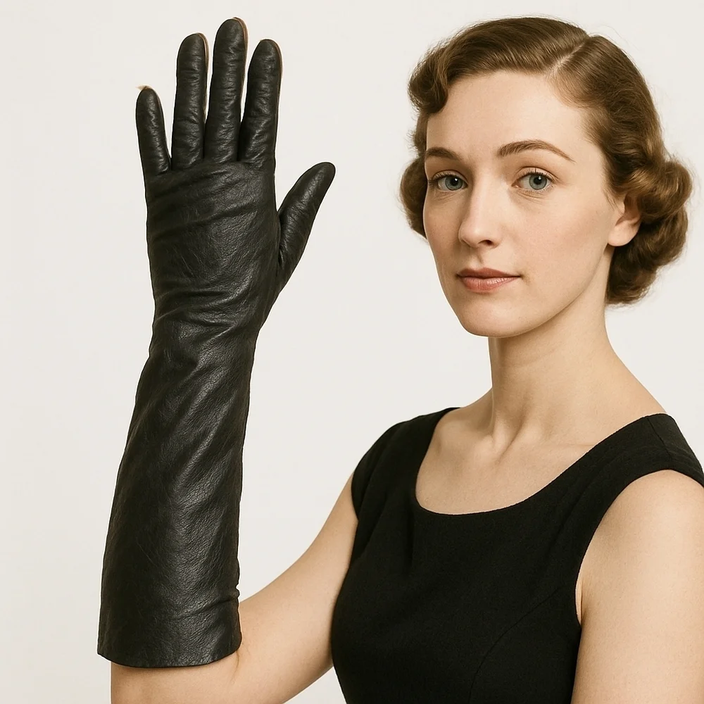 Vintage Below Elbow Black Leather Unlined Gloves M